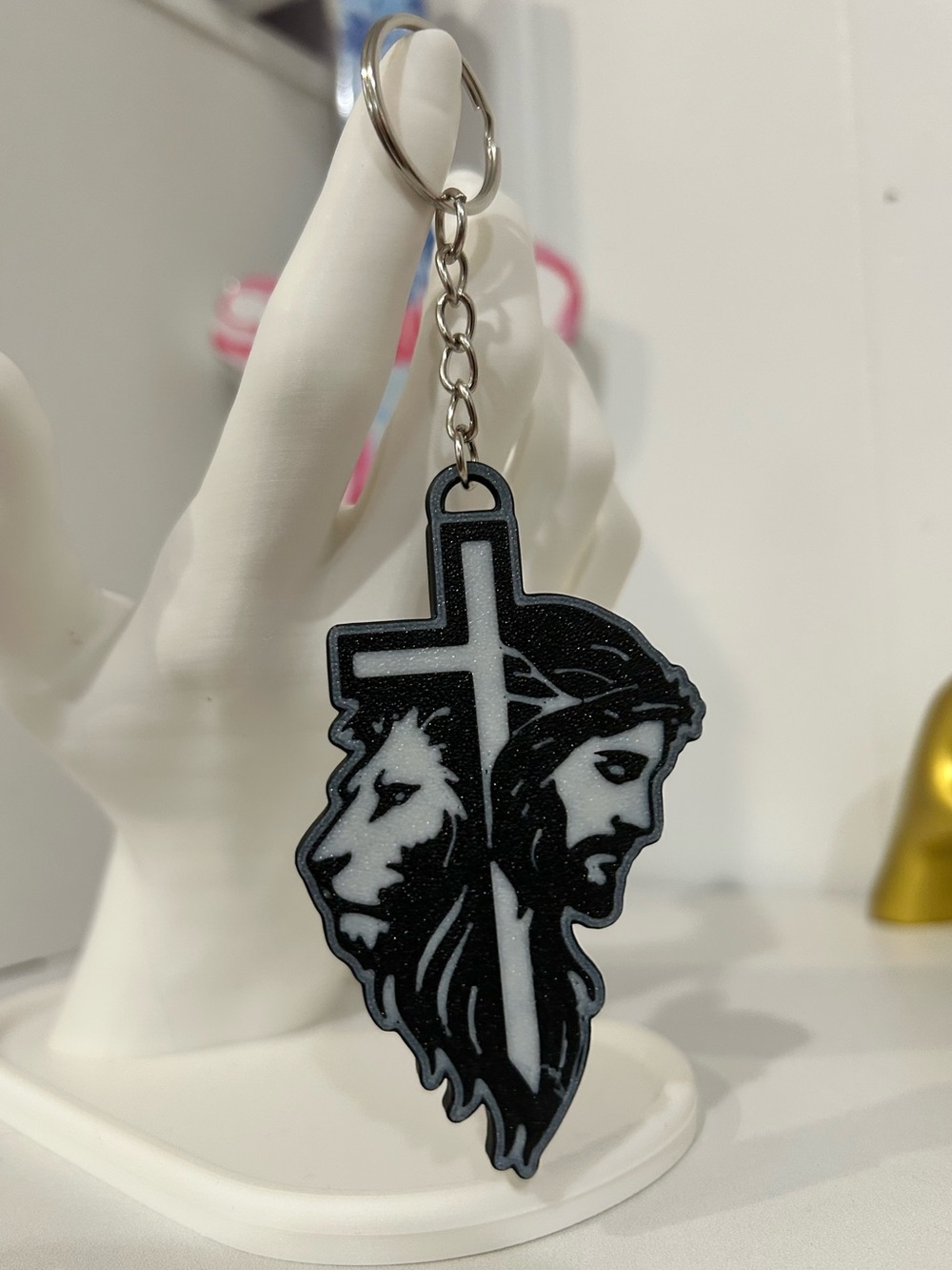3D Printed Black & White Religious Lion and Jesus Keychain